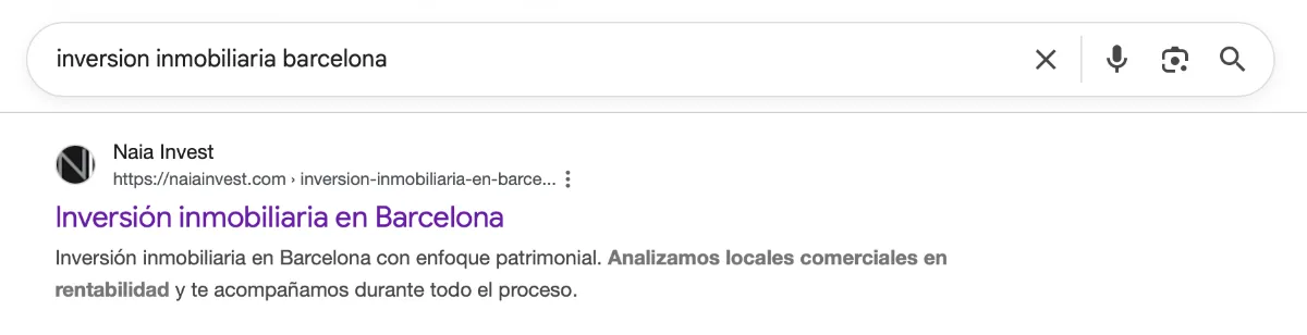 Naia Invest en posición 2 de Google para "inversión inmobiliaria Barcelona"